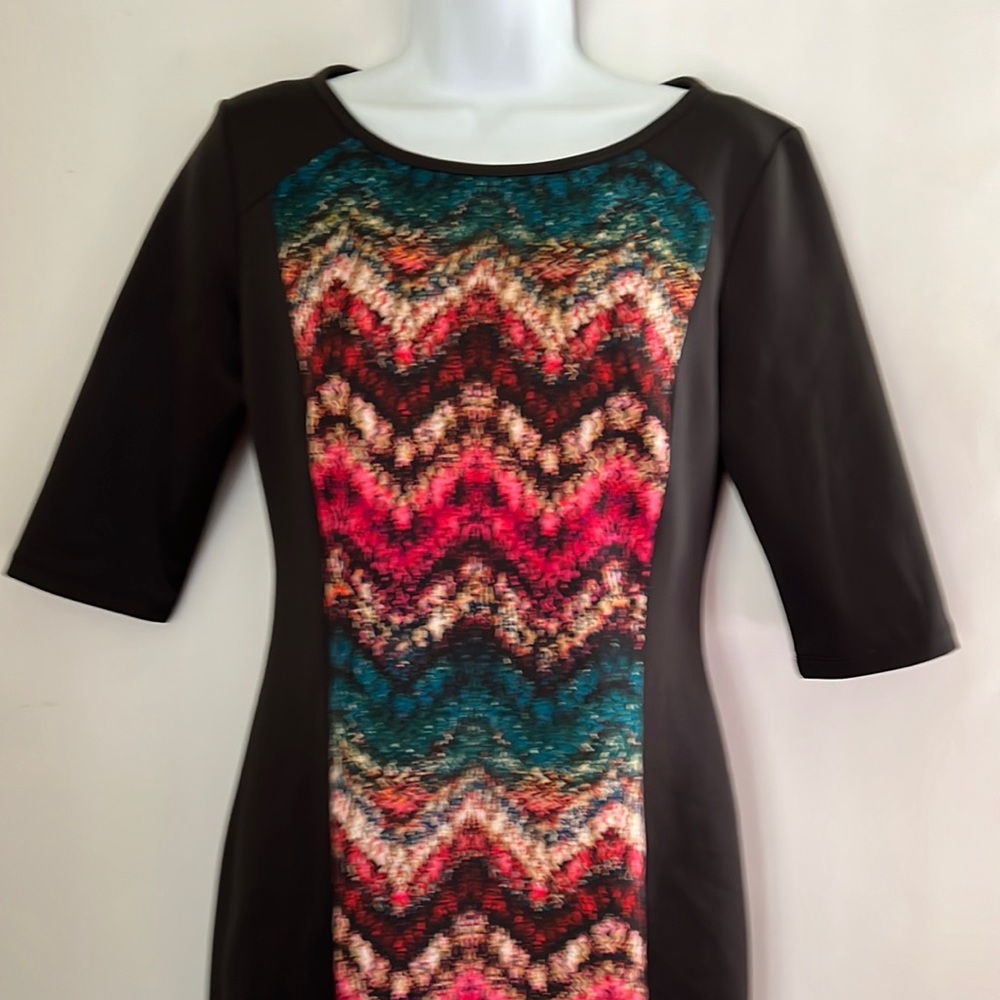 Signature by Sangria NWOT Beautiful Black with Colorful Center Design Dress